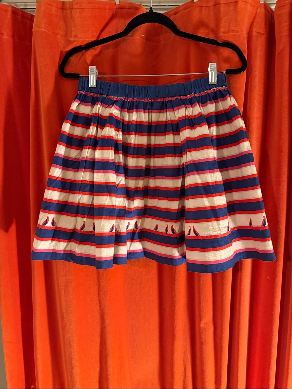 Marc by Marc Jacobs Navy, Red & Cream Striped Mini Skirt with bird detail on hem